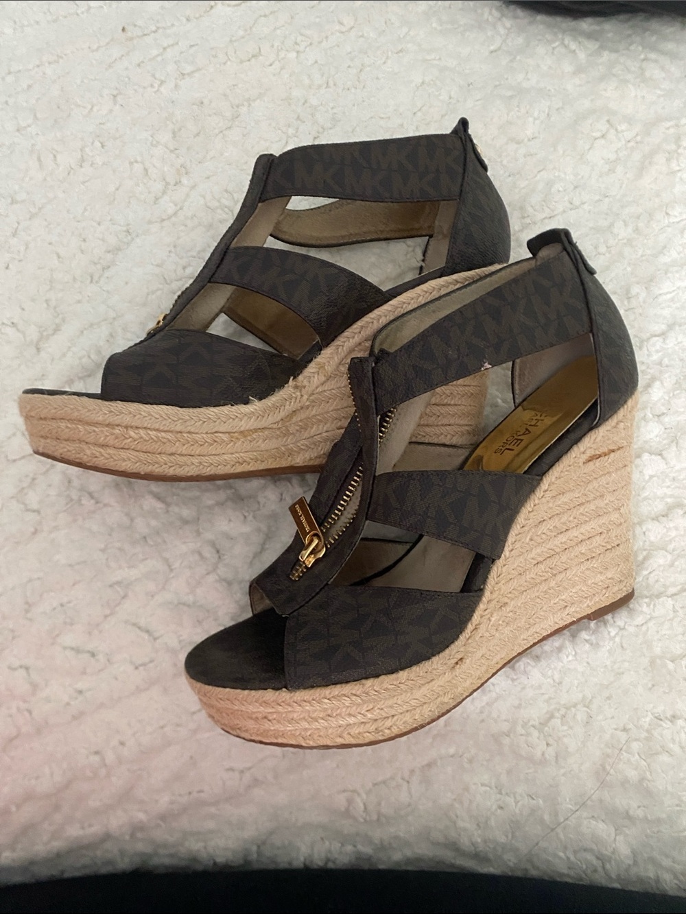 Michael Kors Dark Brown Logo Espadrille Zip-Front Wedge Sandals